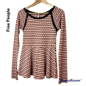 Free People Wavy Stripe Pointelle Peplum Sweater Size Small